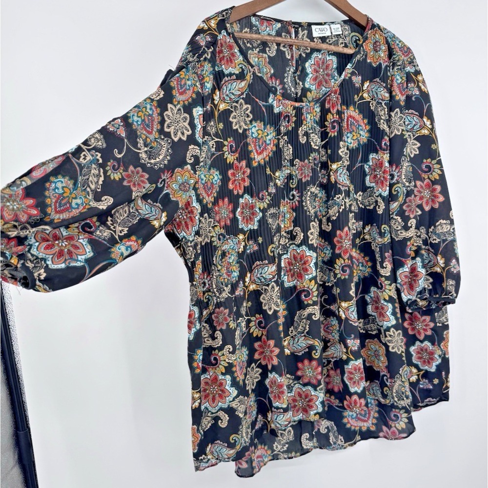 Cato Black Floral crinkle blouse peasant sleeve fall semi-sheer floral paisley - Picture 2 of 10